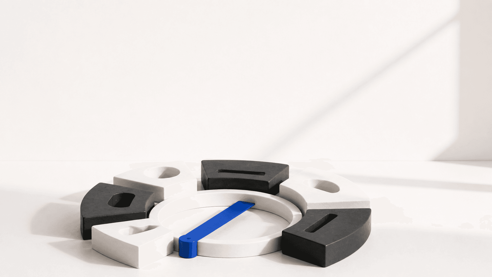 A cobalt indicator aligning a six-part graphite and white calibration array.